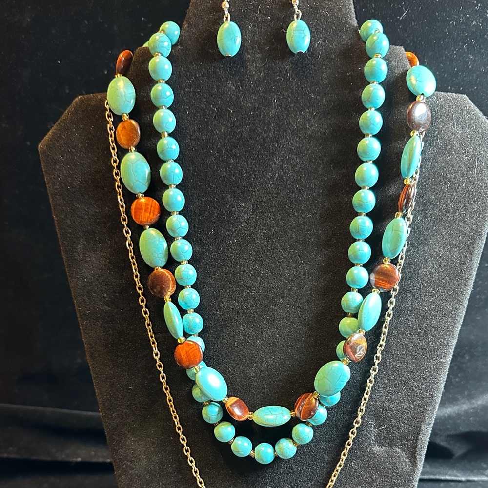 Turquoise and Brown Beaded Necklace Set